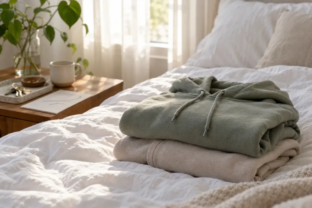 Two folded hoodies stacked on a bed beside a pair of keys on a bedside table.