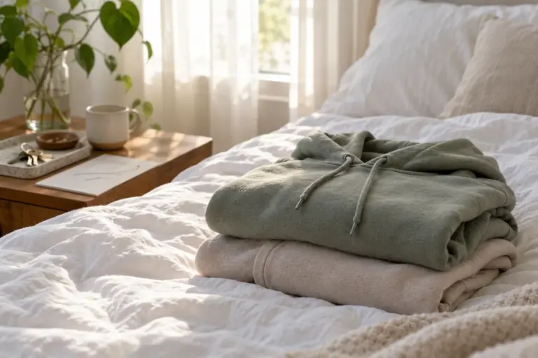 Two folded hoodies stacked on a bed beside a pair of keys on a bedside table.