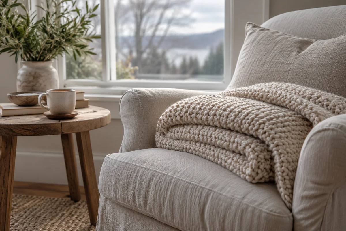 A folded knit throw and a quiet reading chair near a window on a grey afternoon.
