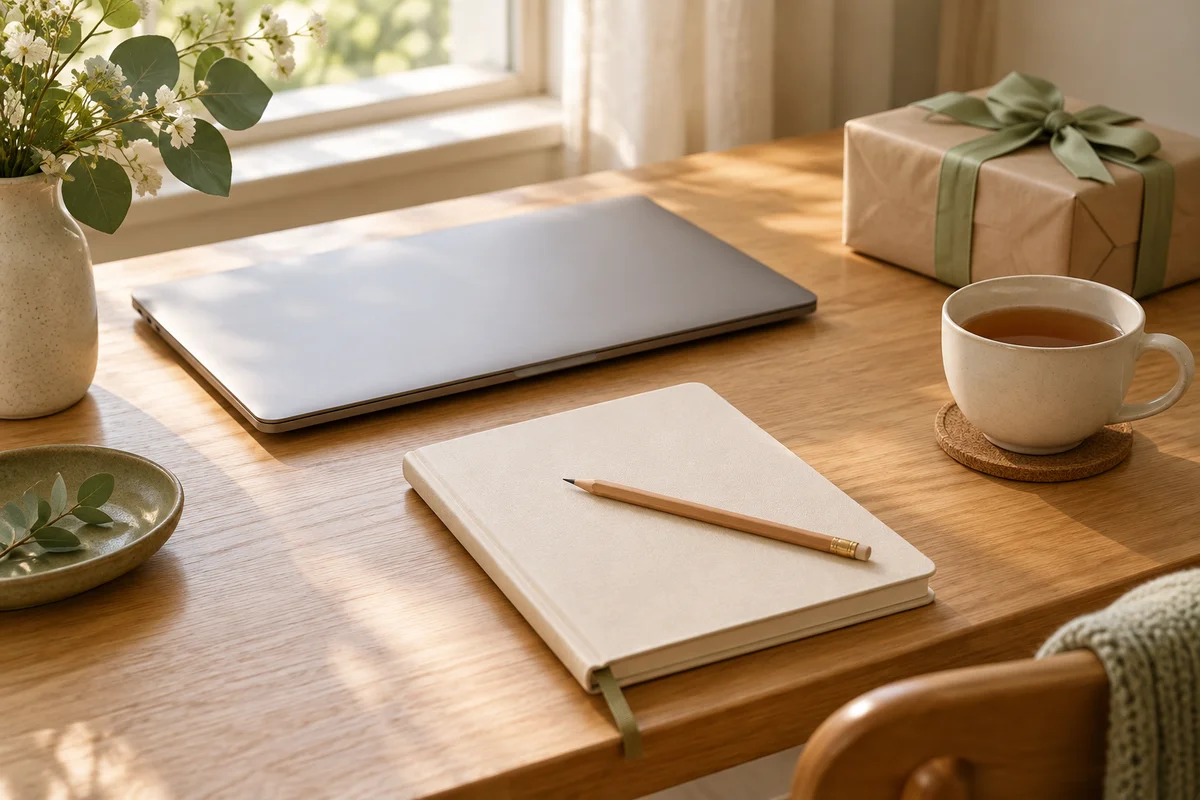 A cream notebook, a pencil and a wrapped gift on a tidy desk with a cup of tea.