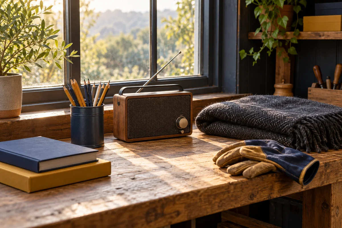 A workbench with a pencil tin, a radio and a folded blanket beside a window.