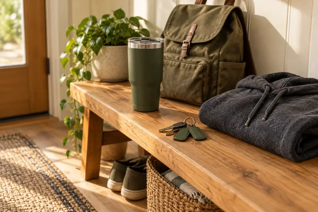 A pair of key fobs, a folded hoodie and a tumbler on a bench near a front door.