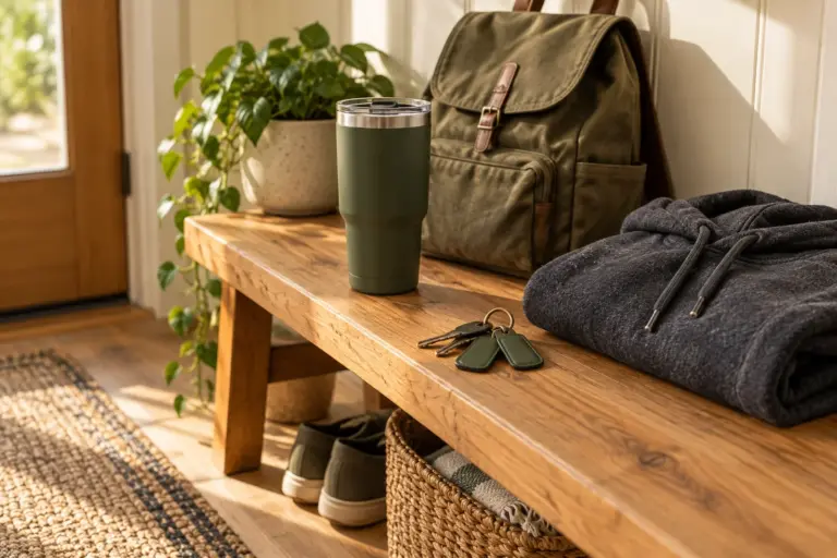 A pair of key fobs, a folded hoodie and a tumbler on a bench near a front door.