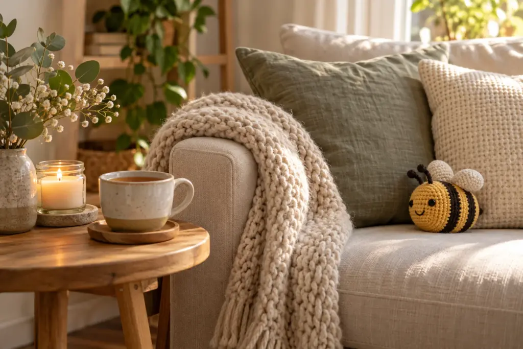 A knit throw folded on a sofa beside a candle, a cup of tea and a small crochet bee.