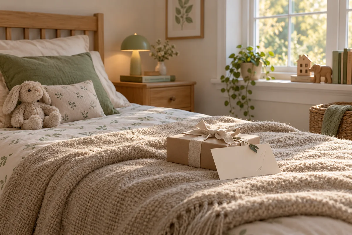 A blank card and a small gift box on a child's bed with a soft blanket.