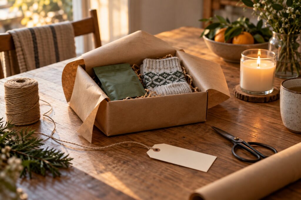 A kraft gift box with tea and socks beside a candle, twine, scissors and a blank tag on a table.