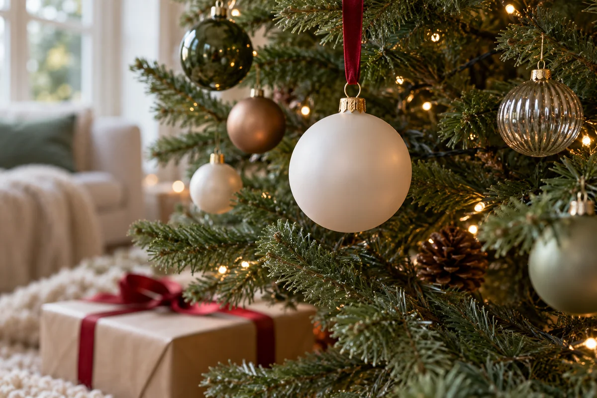 A family ornament hanging on a full tree beside several smaller ornaments.