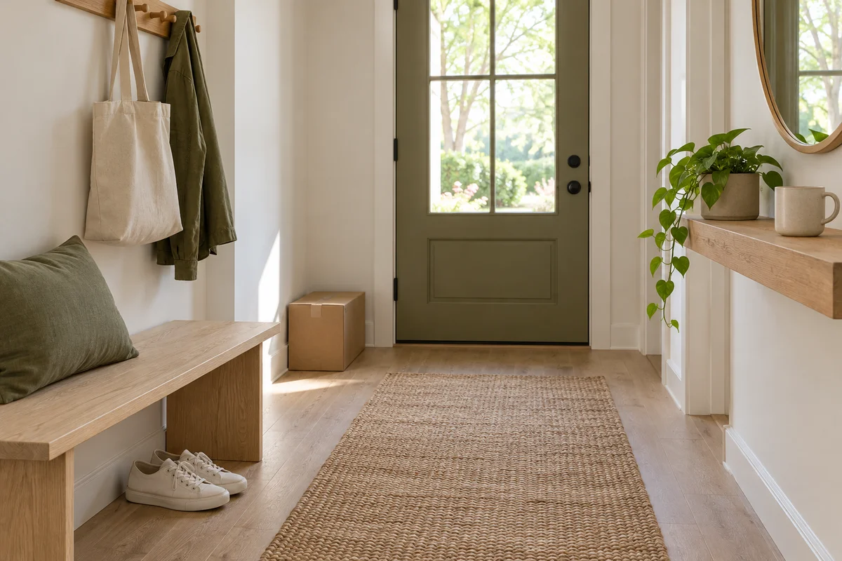 A tidy hallway with a few shoes by the door, a small bench and a plain mug on a shelf above.