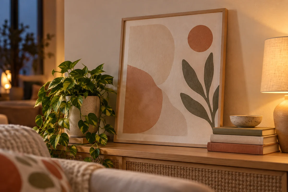 A framed family canvas leaning on a shelf above a small plant and a stack of books