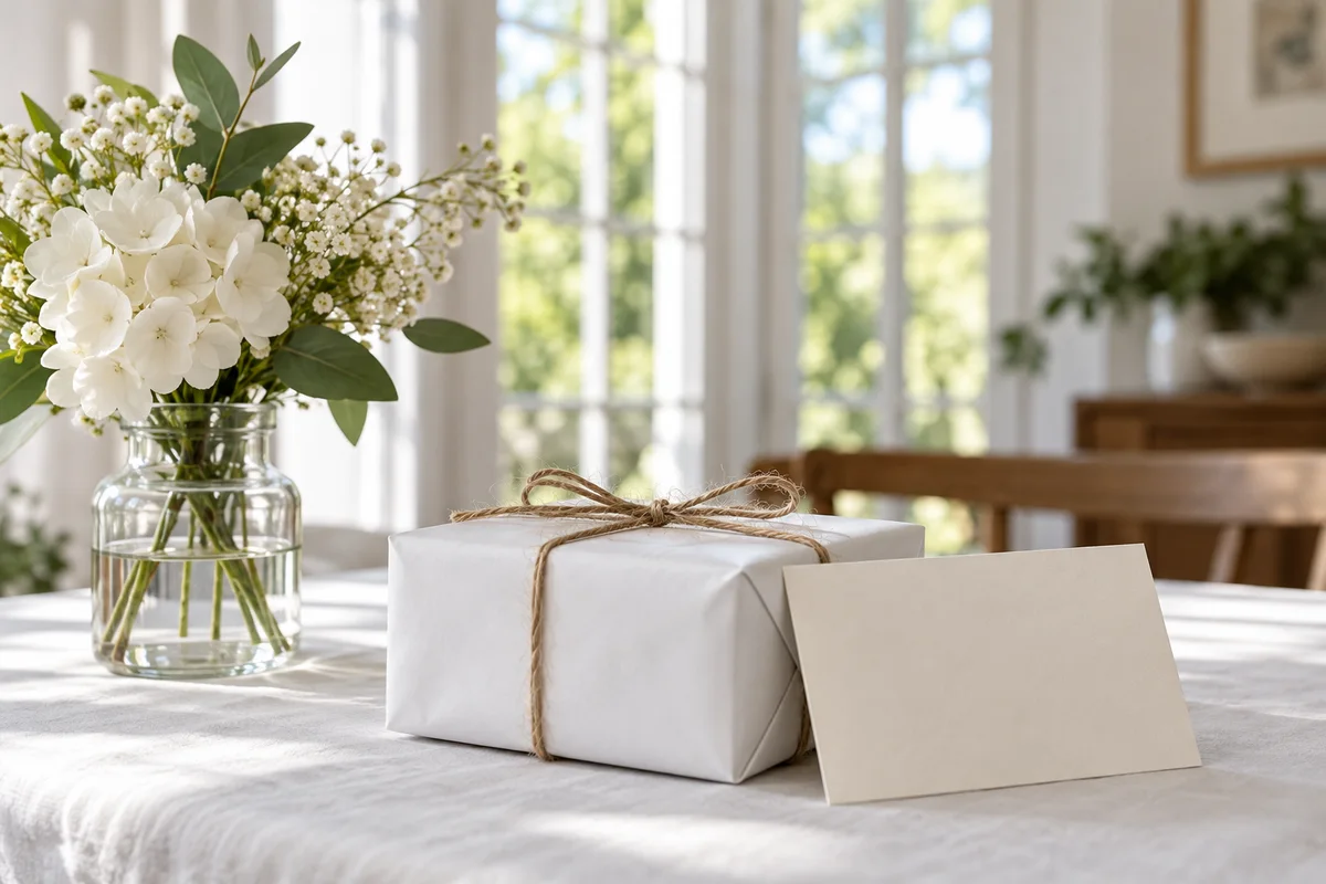 A plain wrapped gift with twine and a blank card on a white tablecloth beside a small vase of white flowers.