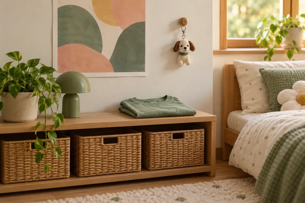 A child's bedroom shelf with an unframed abstract poster, a folded tee and a small crocheted dog keychain.