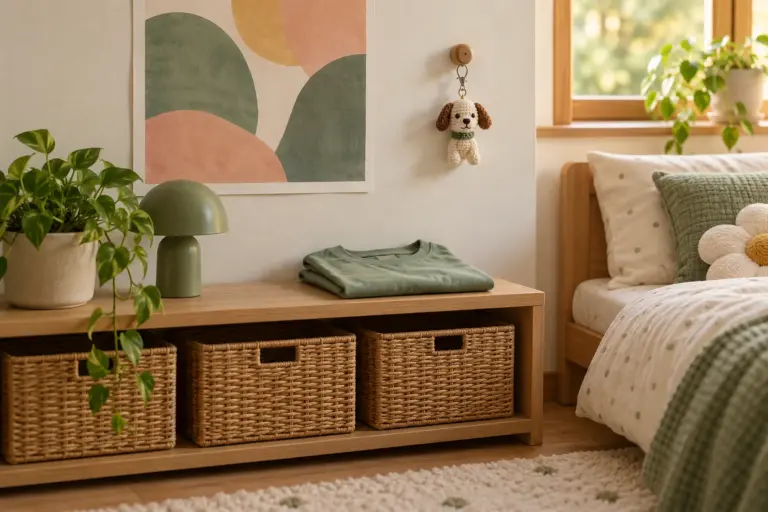 A child's bedroom shelf with an unframed abstract poster, a folded tee and a small crocheted dog keychain.