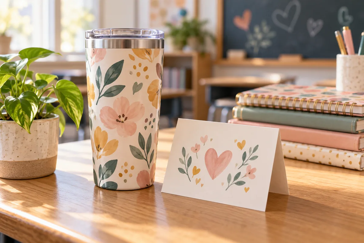 A tumbler beside a blank card and a small plant on a teacher's desk