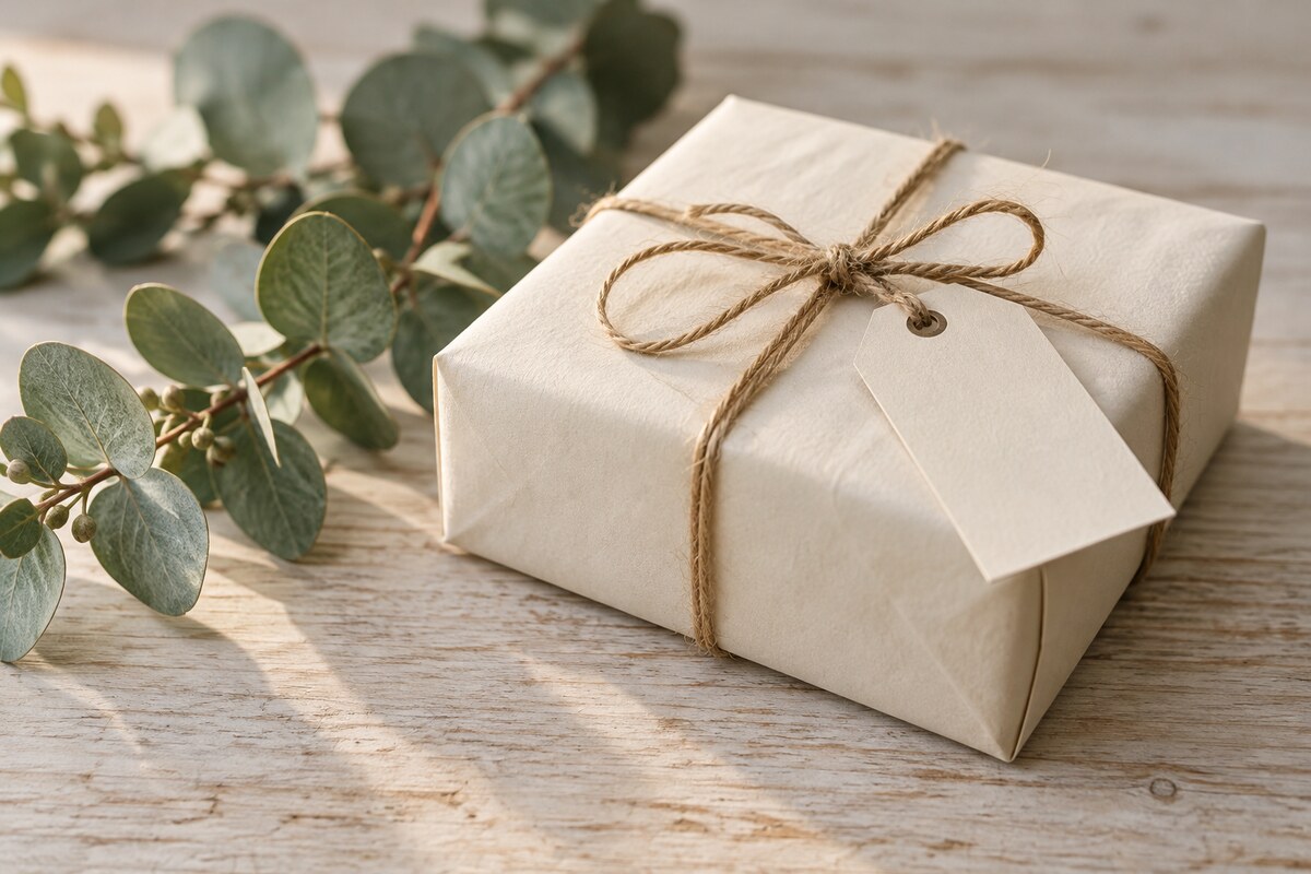 A small wrapped parcel with a blank tag next to a sprig of eucalyptus