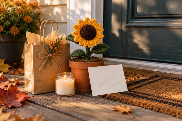 A small thank-you gift with a plant, a candle and a blank card on a front-porch step.