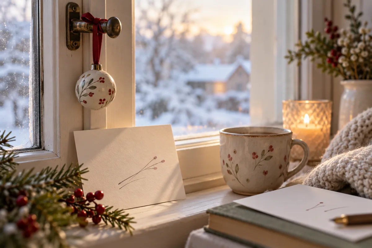 A small ornament hanging on a window latch beside a scrap of paper