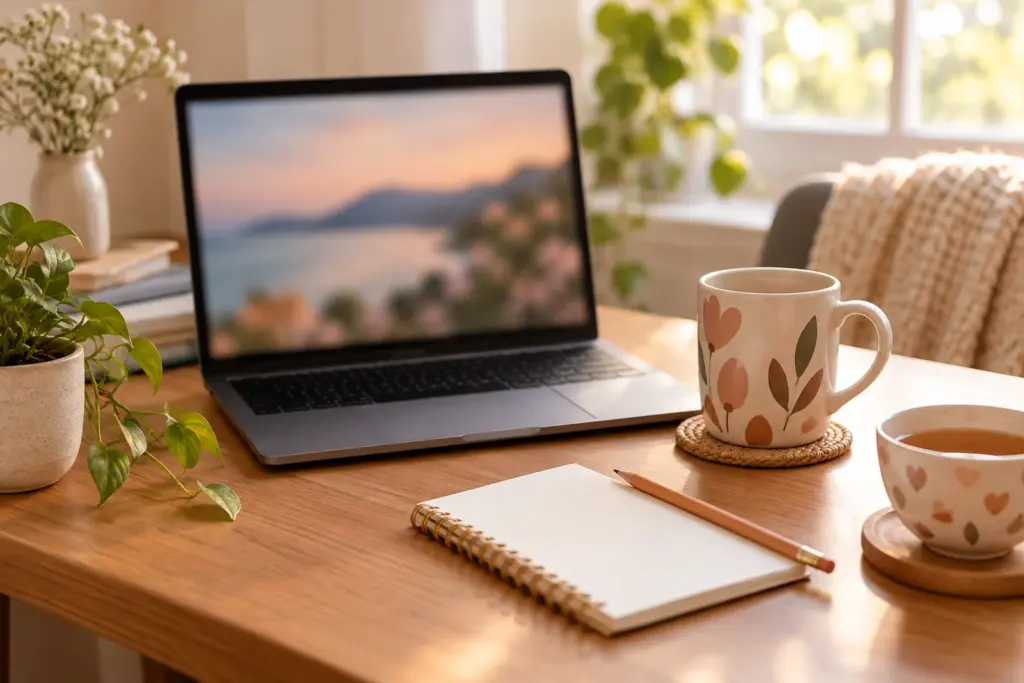 A laptop open beside a mug and a notepad on a tidy desk with a cup of tea
