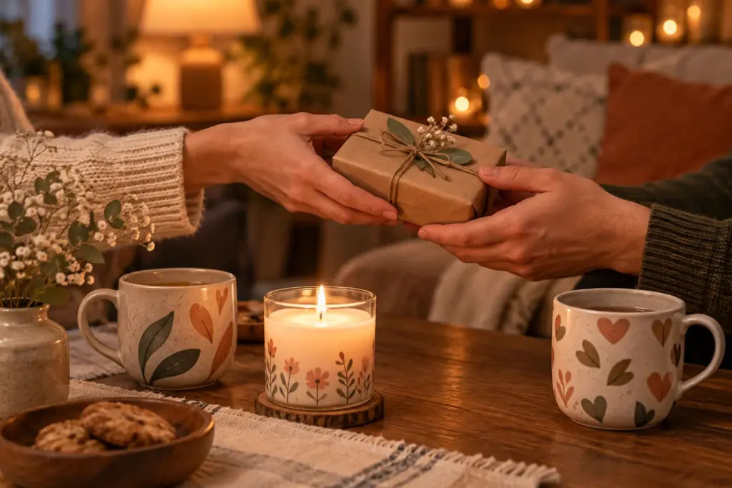 Hands passing a small wrapped gift across a table with a candle burning