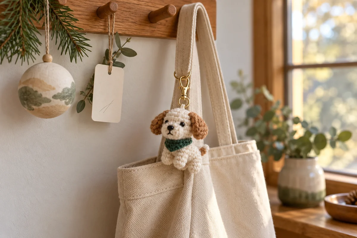 A small crocheted dog charm on a canvas bag beside a hanging ornament and a blank paper tag.