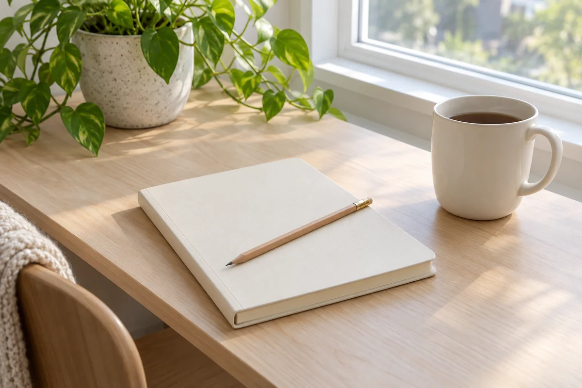 A cream notebook with a pencil resting across it beside a plain mug on a pale desk.