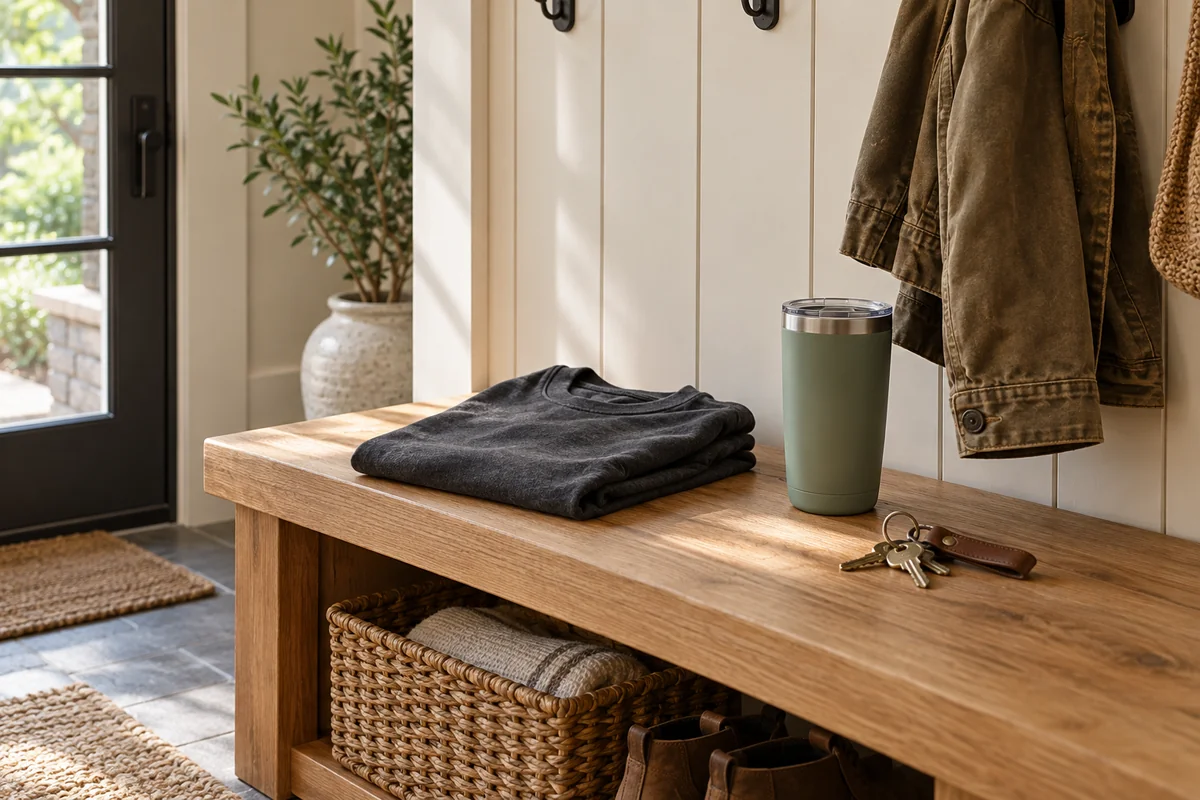 A folded tee, a tumbler and a set of keys on a bench in a mudroom.