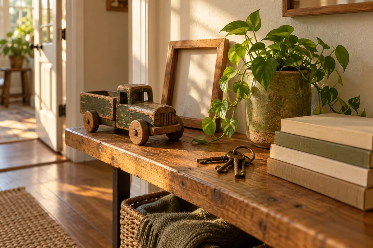 A shelf with an old plain toy, an empty small frame and a potted plant in a hallway.