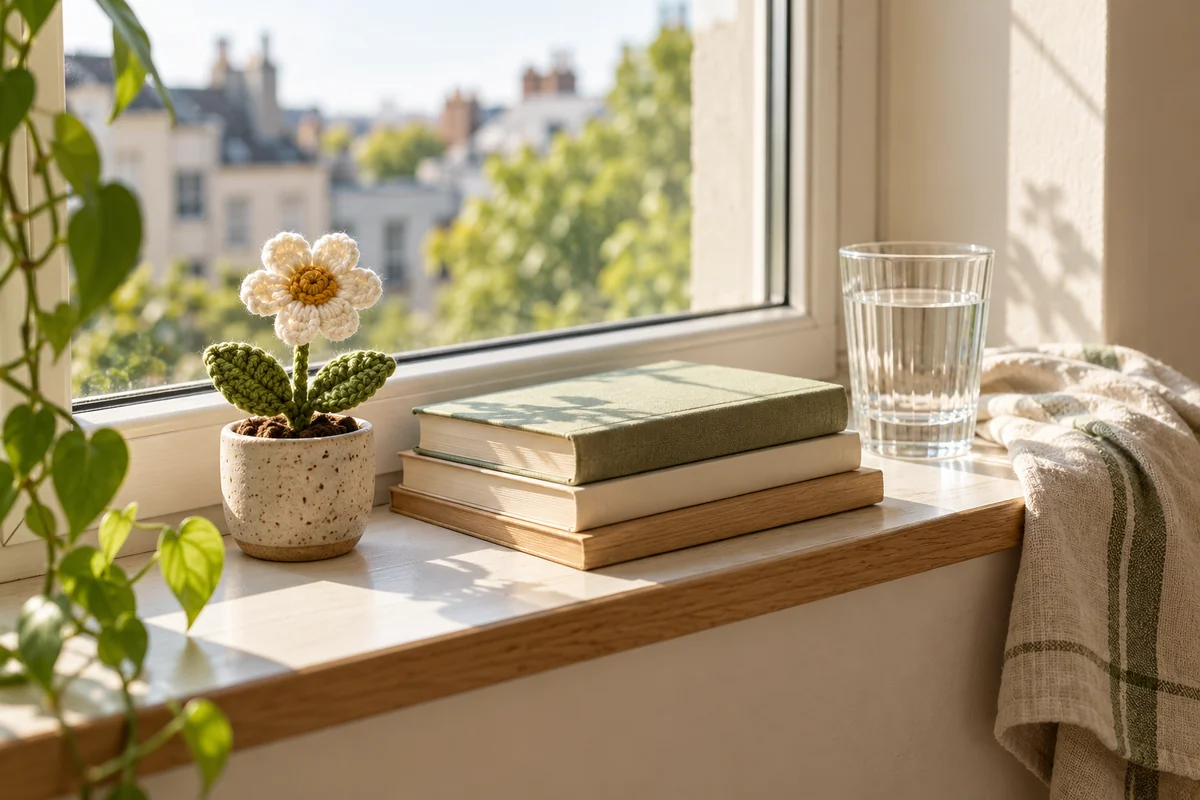 A small crochet plant on a sunny apartment windowsill beside a stack of books.