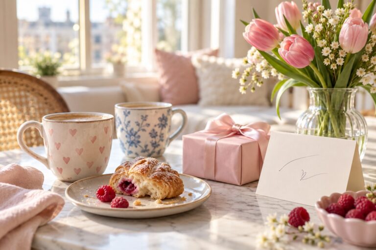 Two mugs, a pink wrapped gift and tulips on a stone brunch table with pastries.