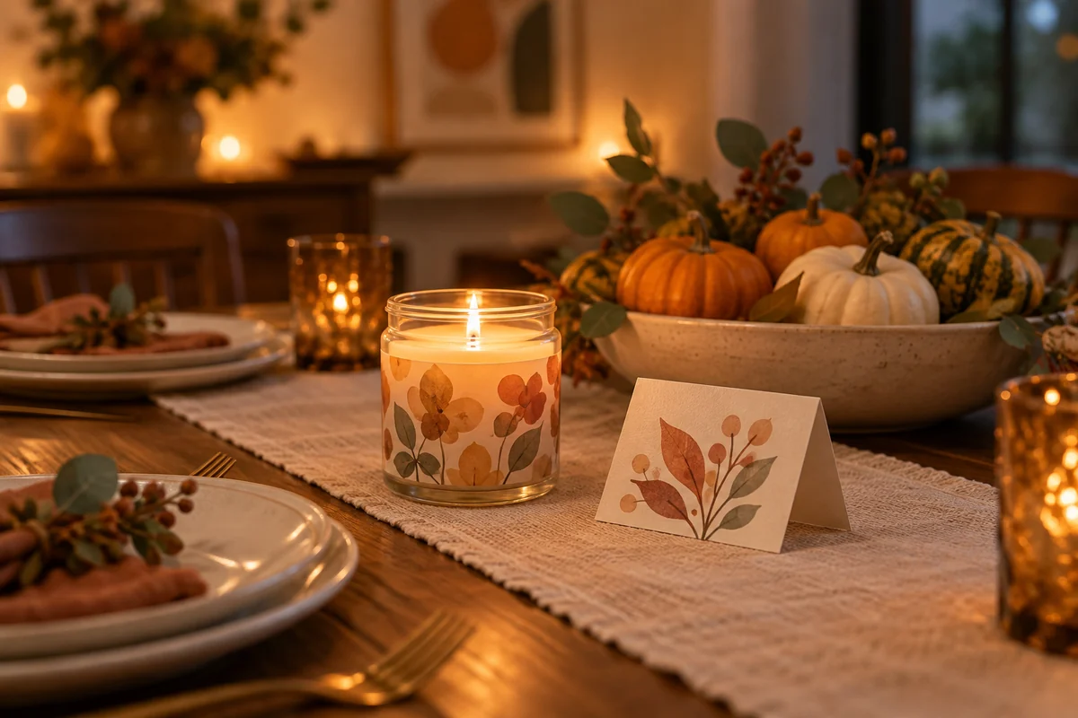 A candle and a blank card on a dinner table set for guests