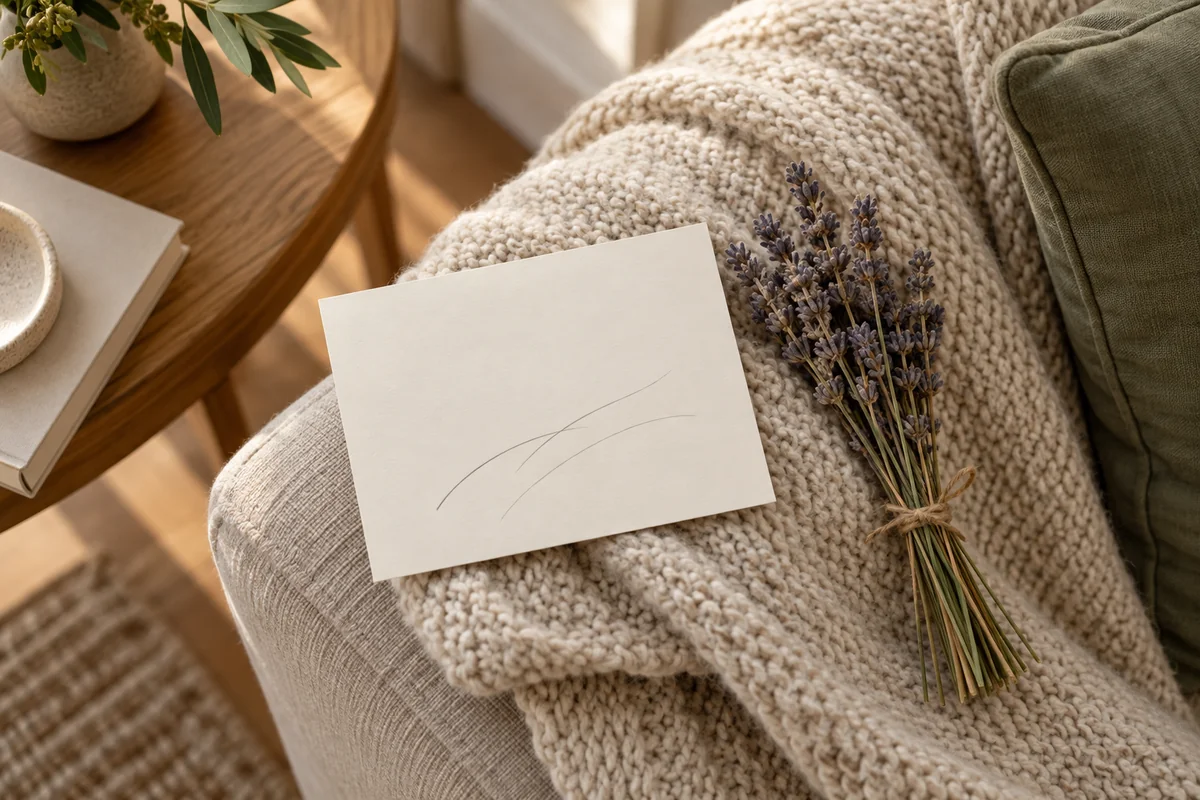 A blank cream card resting on a knit throw on a sofa arm.