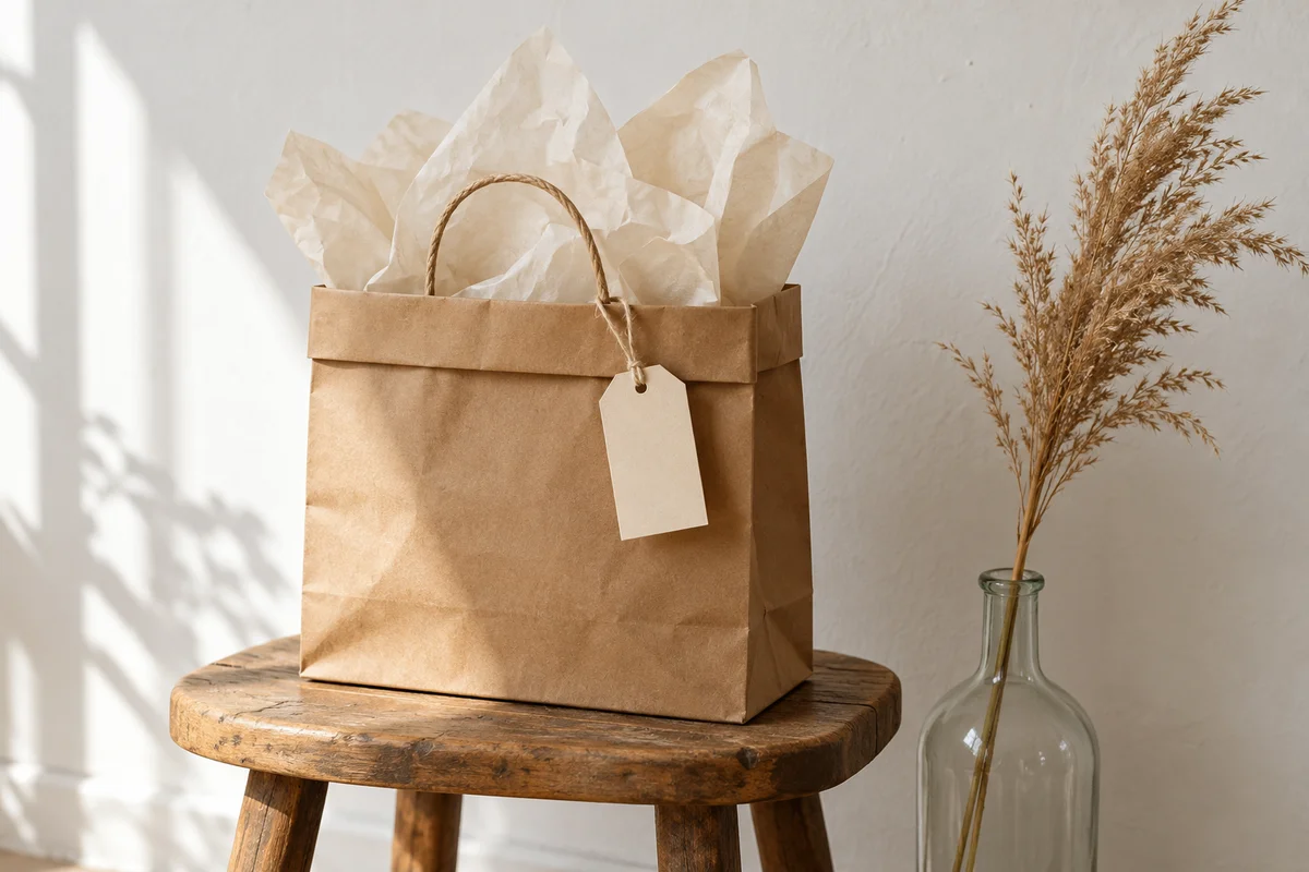 A kraft paper bag with tissue paper and a hanging tag on a small stool.