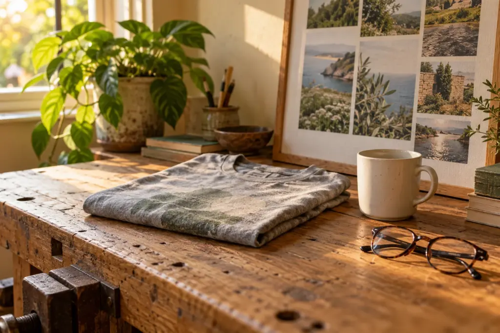 A folded tee, a mug and a framed family canvas arranged on a workshop bench in warm afternoon light.