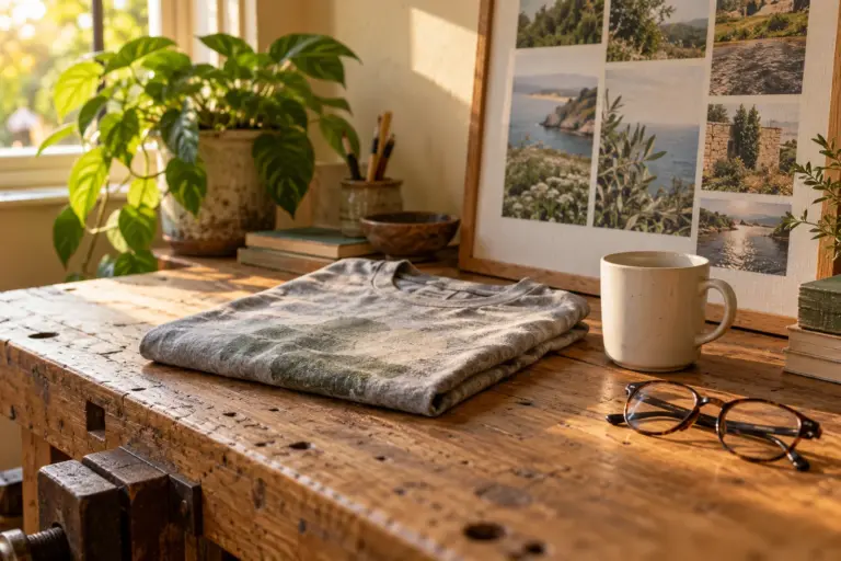 A folded tee, a mug and a framed family canvas arranged on a workshop bench in warm afternoon light.