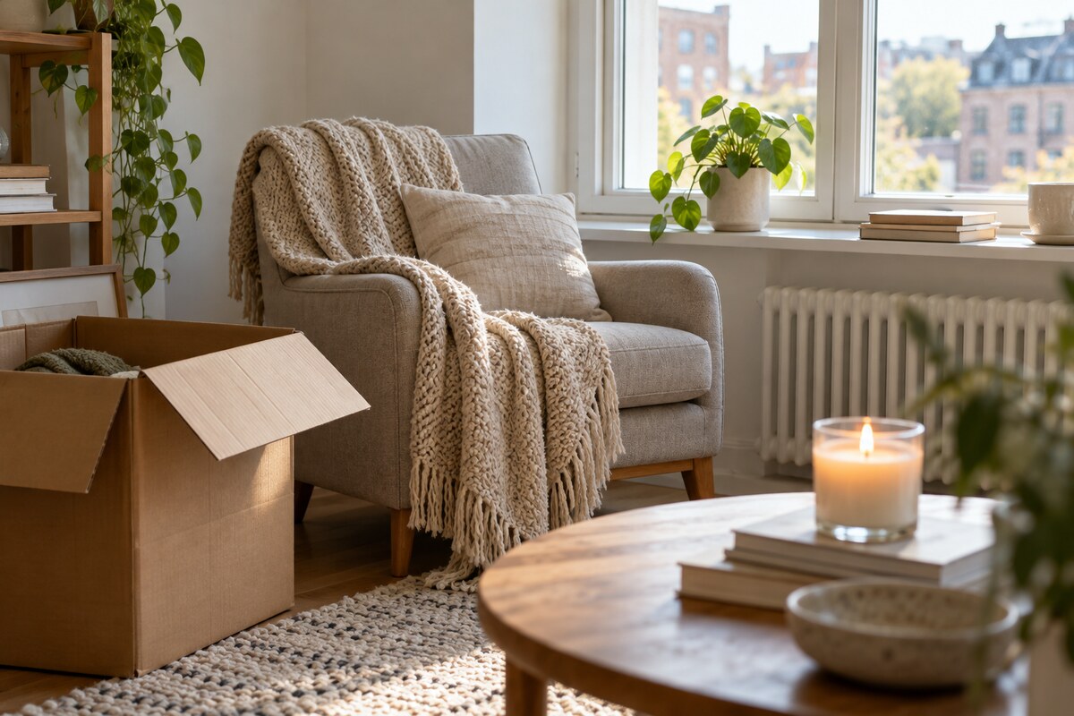 A new apartment corner with a throw on a chair, a candle and a packed box
