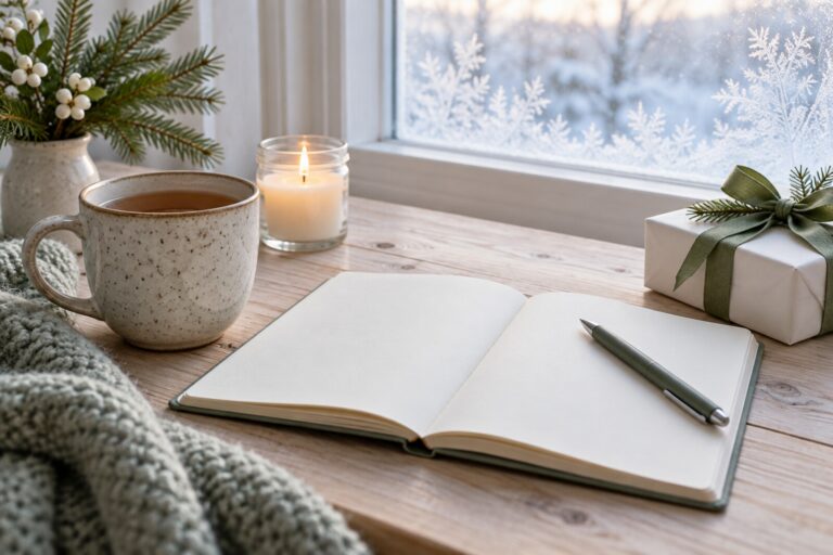 A quiet January morning table with a mug, a blank notebook, a candle and a small wrapped gift.