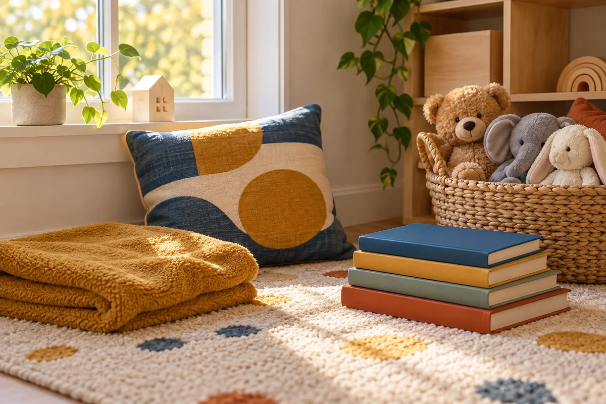A cozy reading corner with a small pillow, a fleece blanket and closed picture books.