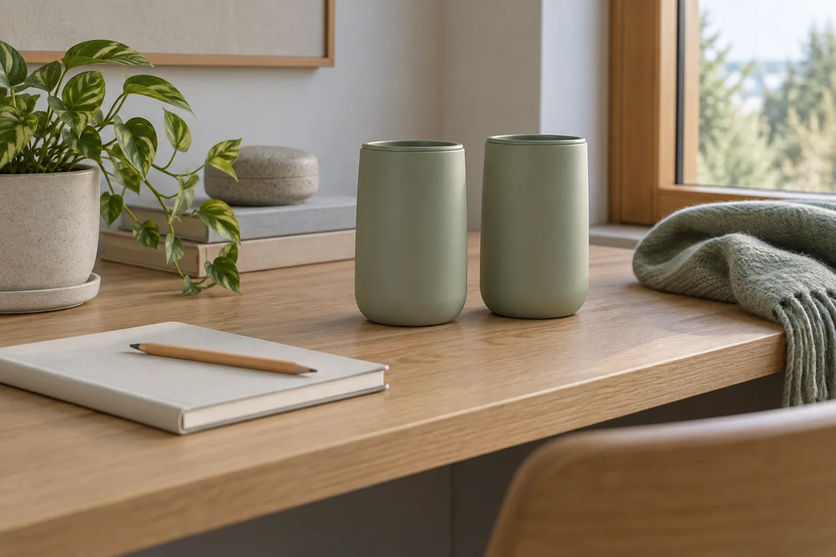 Two plain tumblers in matching colors on a desk beside a closed notebook and a plant.