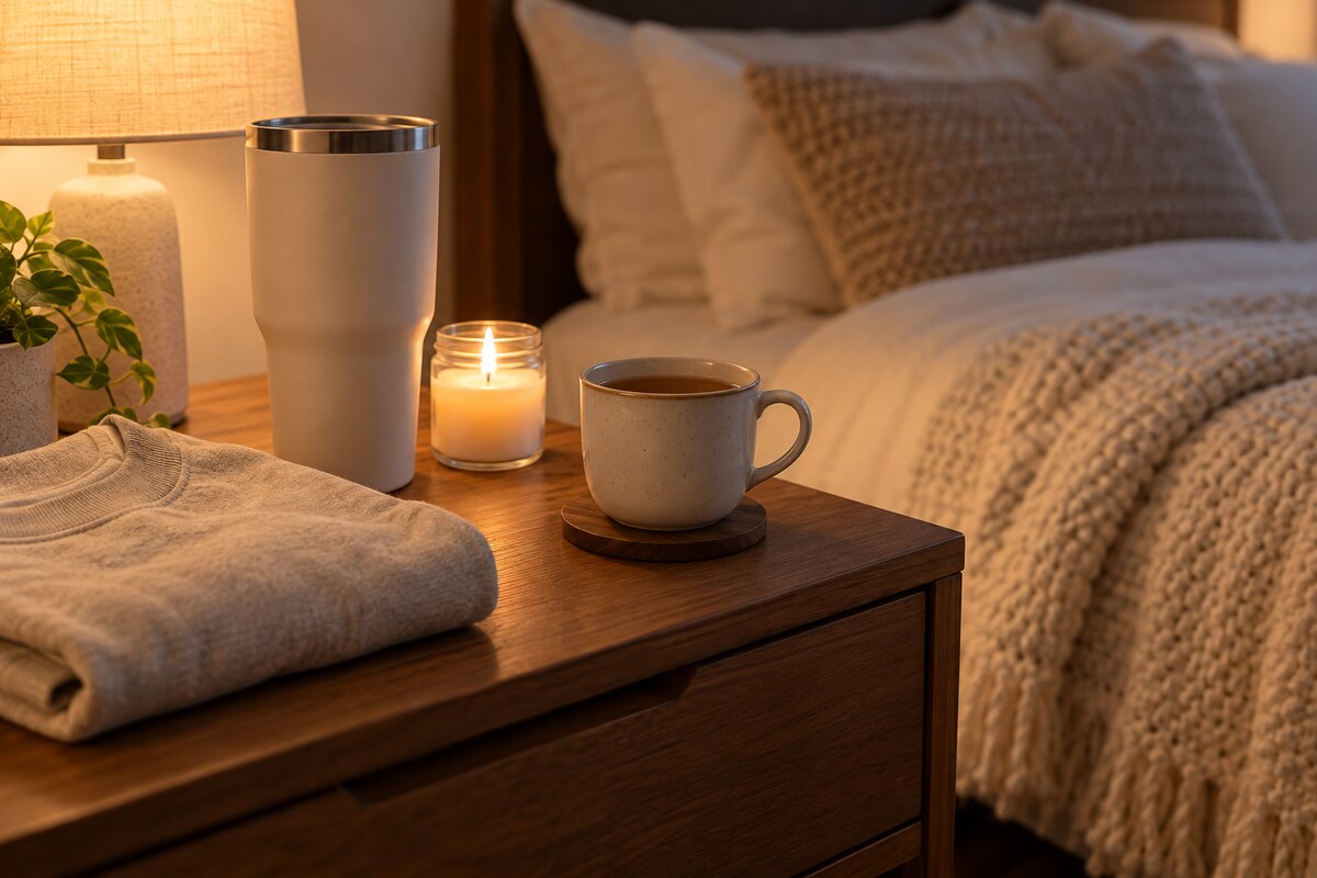 A large tumbler, a folded sweatshirt and a candle on a bedside table
