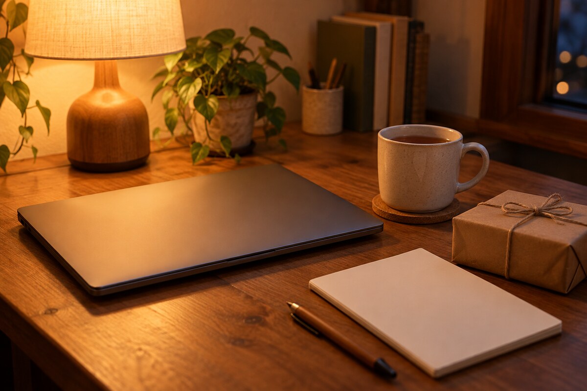 A closed laptop beside a mug and a wrapped gift on a desk