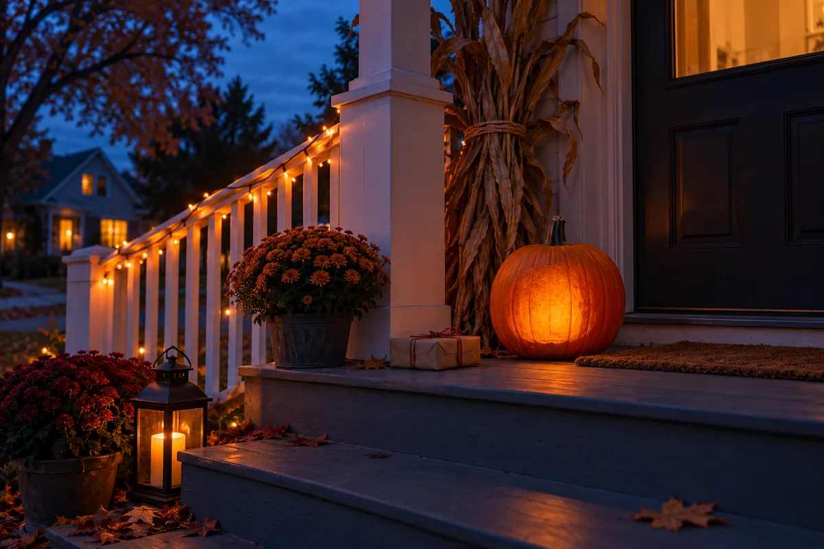 A porch with a plain jack-o-lantern, a string of small lights and a wrapped gift on the step.