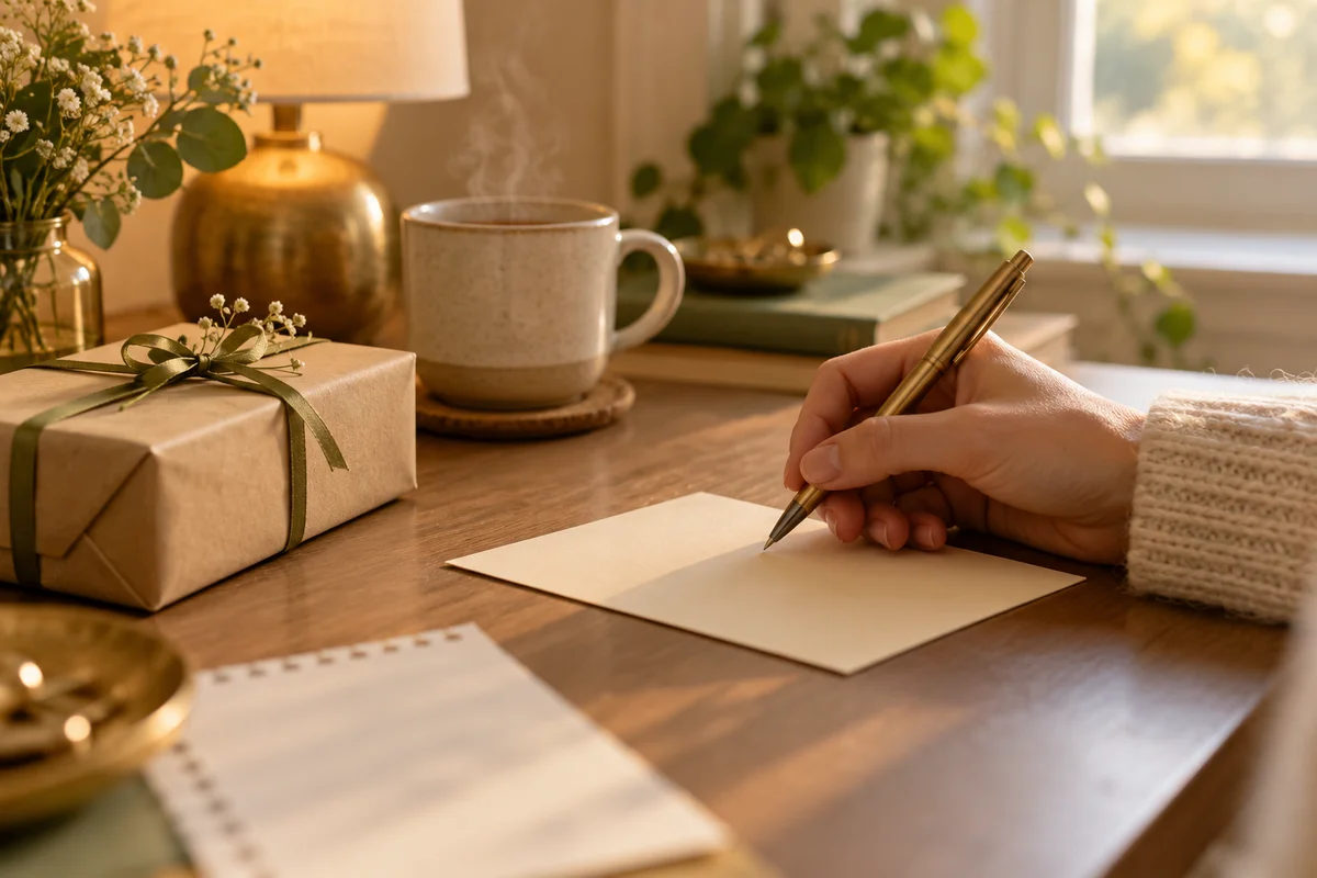 A hand writing on a small cream card at a tidy desk beside a wrapped gift.