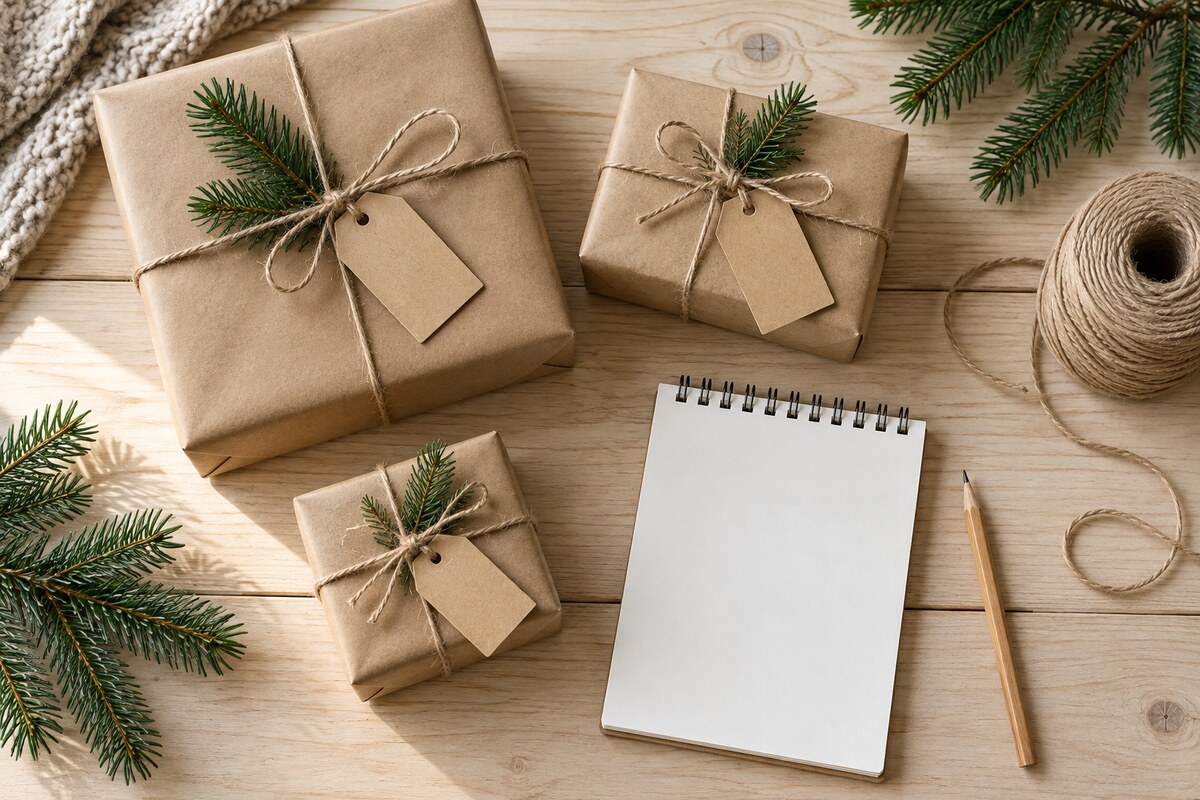 Three small kraft paper parcels in different sizes on a table with twine and a pencil