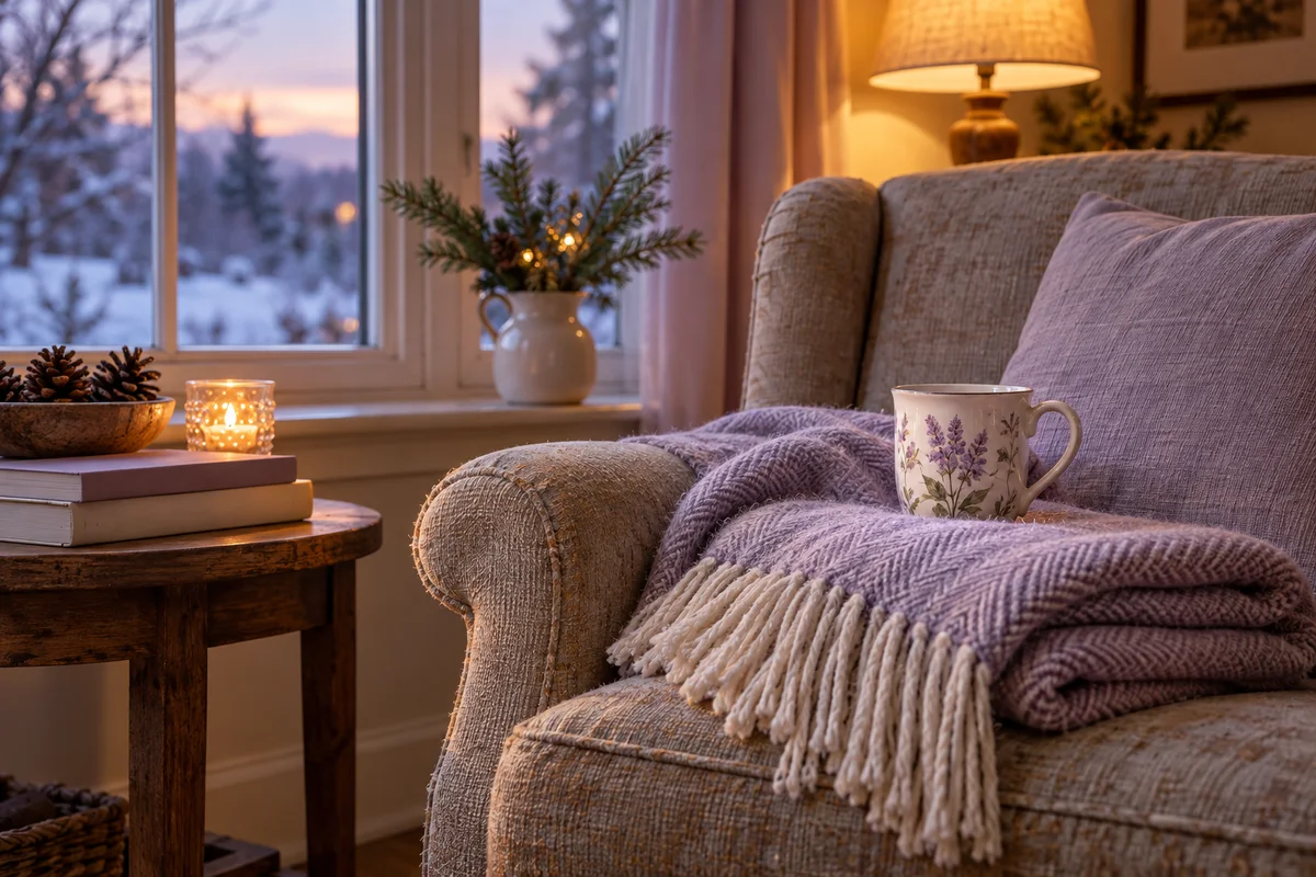 A folded throw blanket and a mug on an armchair beside a softly lit window.