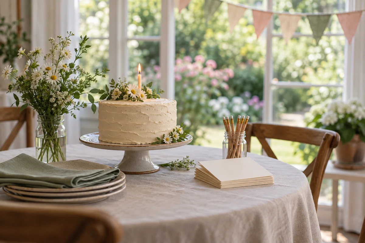 A table set with plain napkins, a small cake and a handful of blank cards.