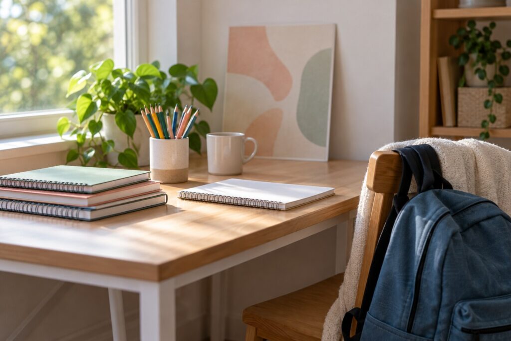 A student desk with a patterned poster, a mug, notebooks and a stack of new supplies in morning light.