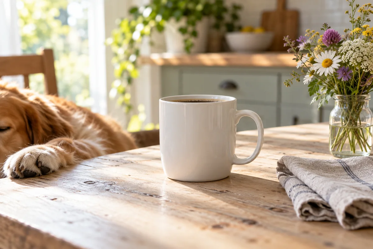 A plain white mug and a sleeping dog's paw on a kitchen table.