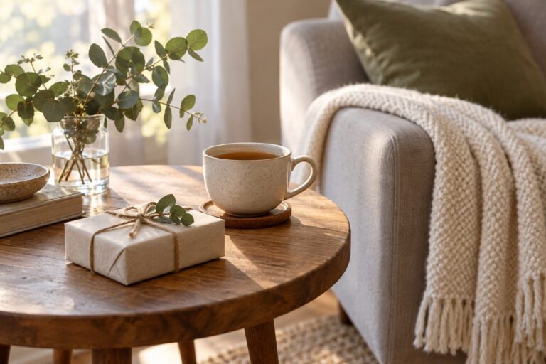 A quiet living room with a wrapped gift, a folded blanket and a cup of tea on a side table.