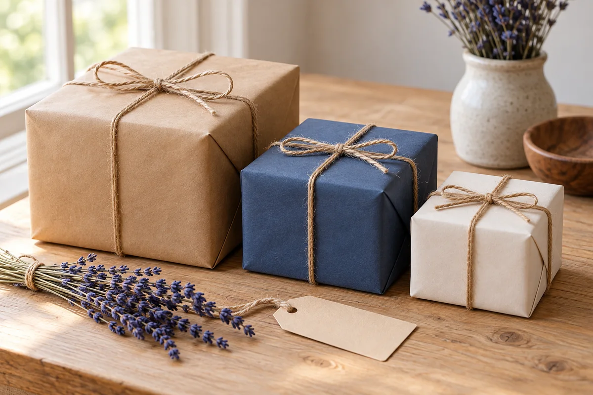 A small row of three wrapped gifts in graduating sizes on a wooden table.