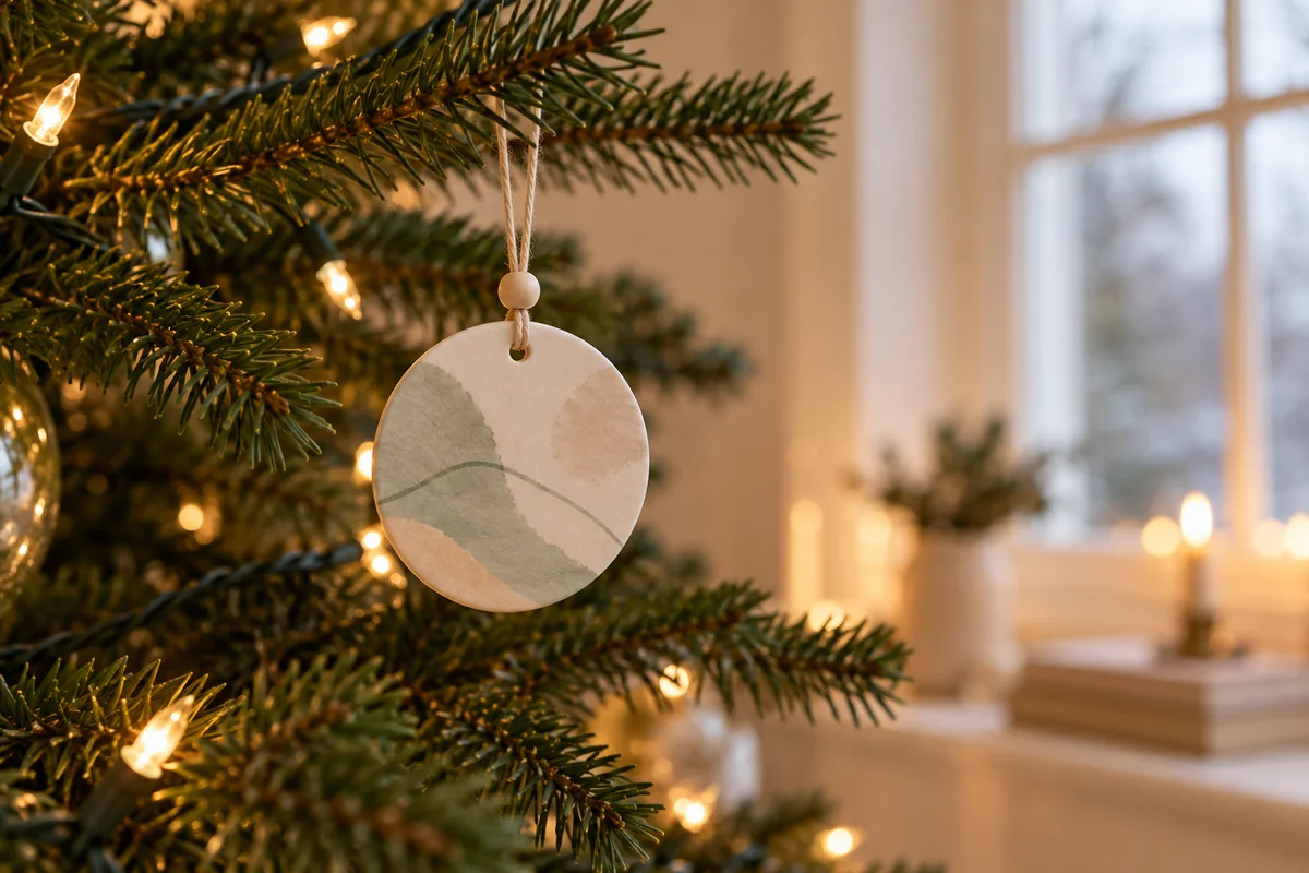A hanging ornament on a tree branch beside a string of warm white lights.