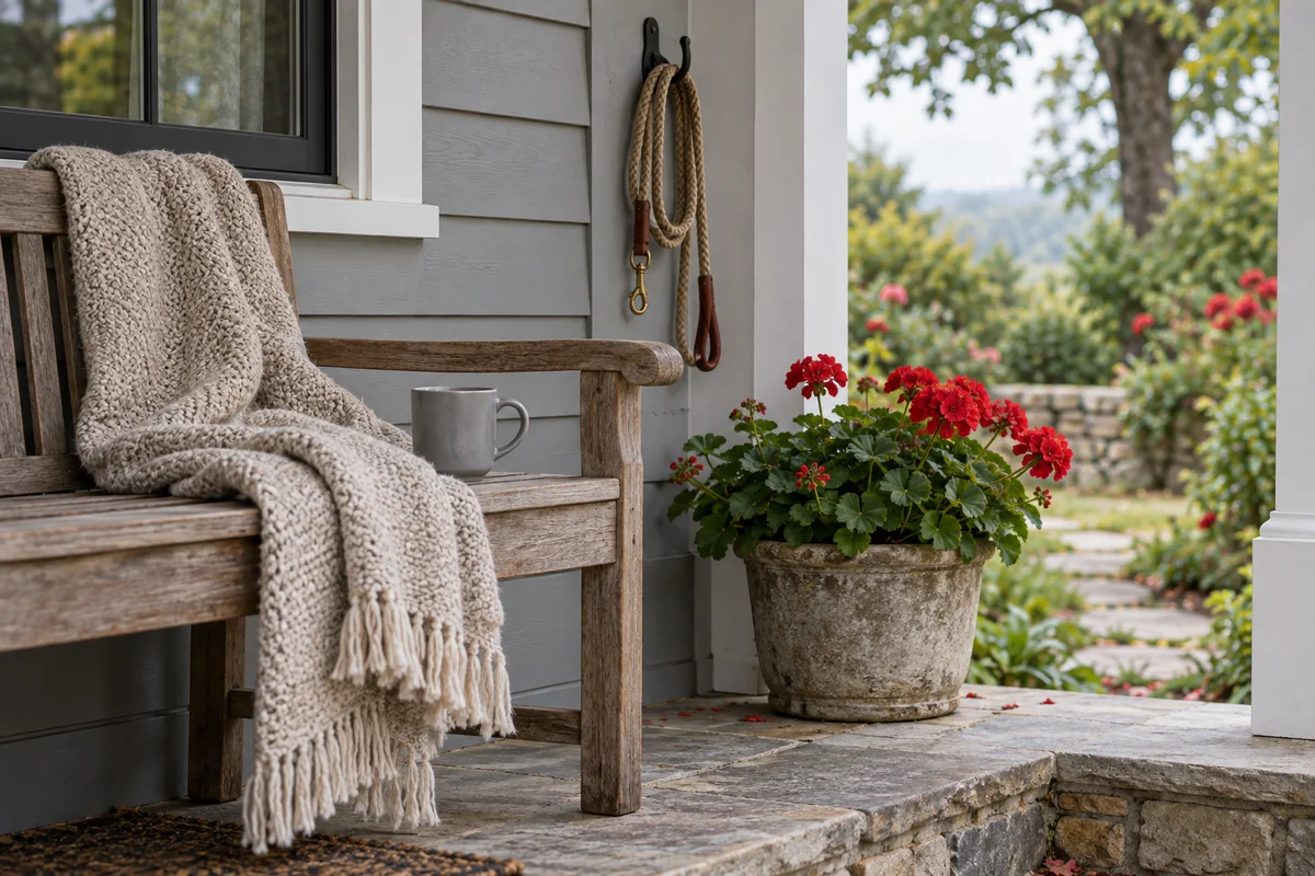 A bench on a quiet porch with a plain mug, a folded blanket and a coiled leash on a hook.
